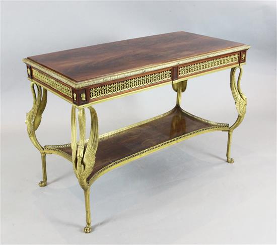 A French Empire style ormolu mounted flame mahogany centre table, W.3ft 8in. D.1ft 11in. H.2ft 7in.